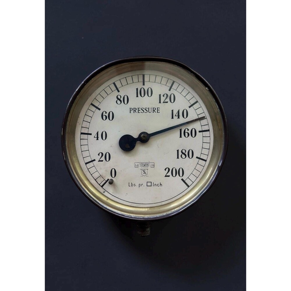 Antique C.R. Stewart Ltd Brass Steam Pressure Gauge 0-200 PSI Steampunk (8.5")